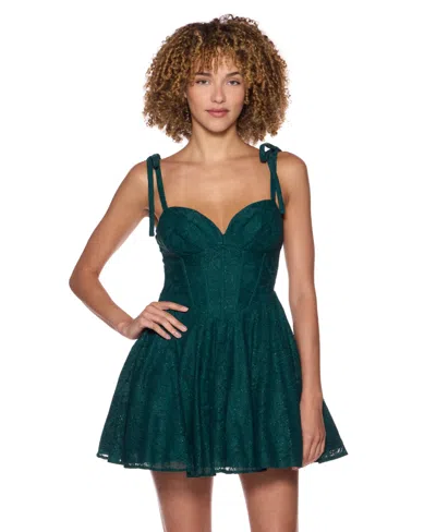 Alex & Sophia Juniors' Sweetheart Neck Glitter Lace Corset Bodice Dress In Green