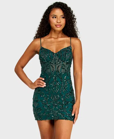 Alex & Sophia Juniors' Sweetheart Neck Pattern Sequin Dress In Green