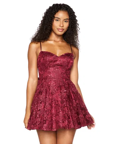 Alex & Sophia Juniors' Sweetheart Neckline Embroidered Lace Sequin Back Bow Dress In Burgundy