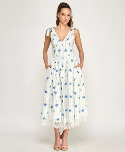 Alex & Sophia Juniors' Tie-shoulder Floral Printed V-neck Midi Dress In Black