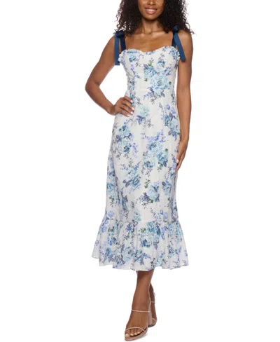 Alex & Sophia Juniors' Tie-strap Printed Embroidered Eyelet Midi Dress In Navy Multi