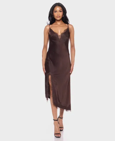 Alex & Sophia Juniors' V-neck Lace Trim Midi Dress In Brown