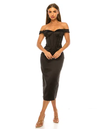 Alex & Sophia Women's Off-the-shoulder Satin Corset-style Midi Dress In Black