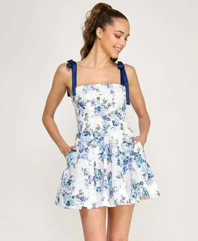 Alex & Sophia Women's Square Neck Printed Fit And Flare Dress In Blue