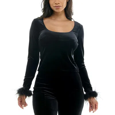 Alex & Sophia Womens Velvet Scoop Neck Pullover Top In Black