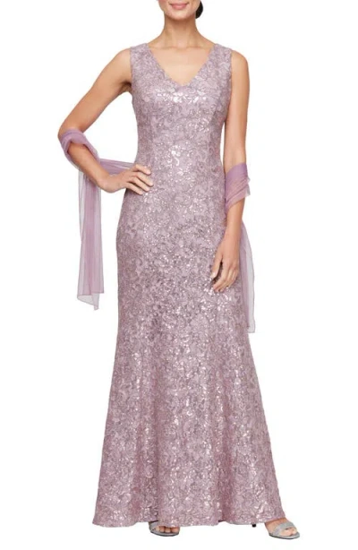 Alex Apparel Beaded Trumpet Gown With Shawl In Dusty Mauve