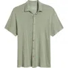Alex Crane  Ola Linen Knit Short Sleeve Button-up In Moss
