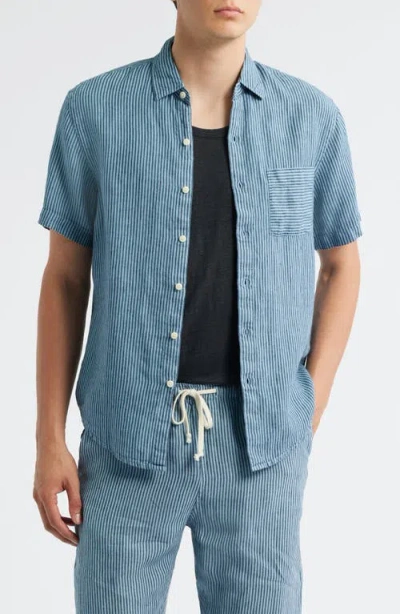 Alex Crane  Ola Linen Short Sleeve Button-up Shirt In Blue