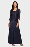 Alex Evenings 1121198 A Line Long Mother Of The Bride Sequin Lace Jacket Dress In Blue