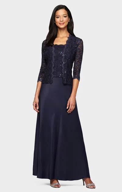 Alex Evenings 1121198 A Line Long Mother Of The Bride Sequin Lace Jacket Dress In Blue