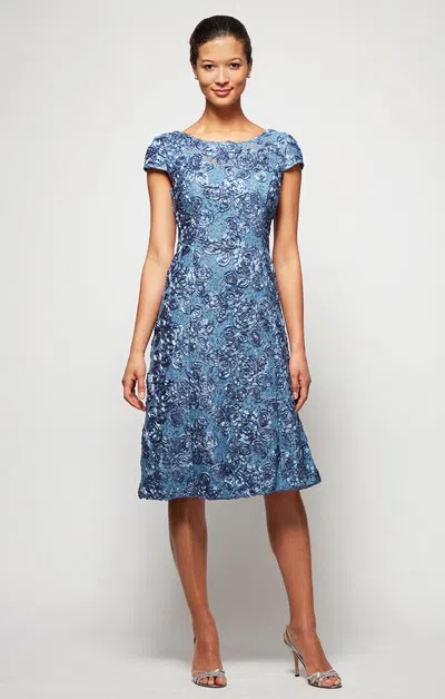 Alex Evenings 1121570 Short Cocktail Lace Tea Length Sequin Dress In Blue