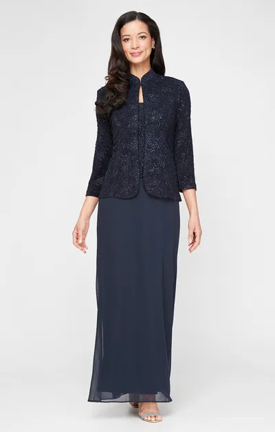 Alex Evenings 125053 Long Glitter Formal Mother Of The Bride Jacket Dress In Blue
