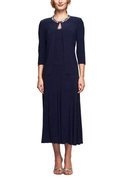 Alex Evenings 135372 A Line Mother Of The Bride Tea Length Dress In Blue