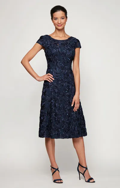Alex Evenings 2121570 Short Petite Cocktail Sequin Lace Dress In Blue