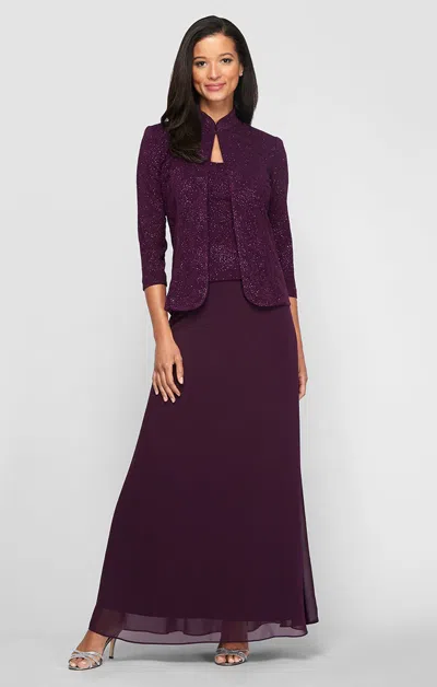 Alex Evenings 225053 Long Mother Of The Bride Glitter Formal Petite Jacket Dress In Purple