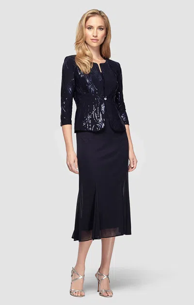 Alex Evenings 296267 Petite Short Cocktail Sequin Jacket Mother Of The Bride Tea Length Dress In Blue