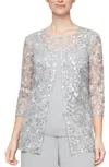 Alex Evenings 3/4 Sleeve Embroidered Twinset In White In White