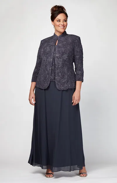 Alex Evenings 425053 Long Glitter Plus Size Formal Jacket Dress In Blue