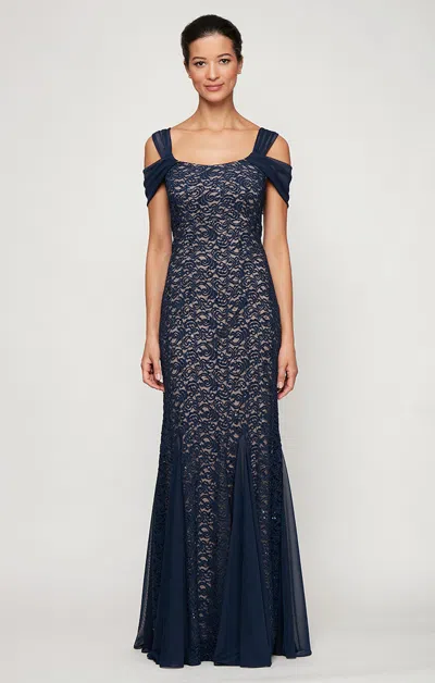 Alex Evenings 81122243 Long Formal Lace Evening Dress In Blue