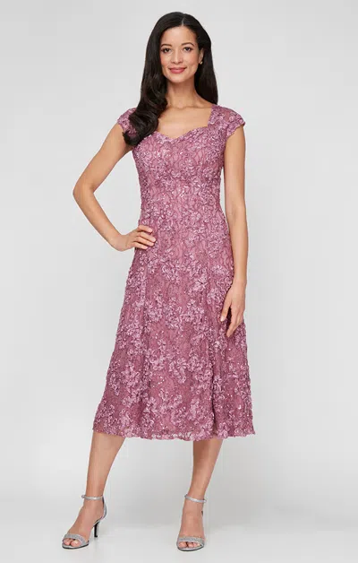 Alex Evenings 81122725 Short Cocktail Midi Lace Dress In Purple
