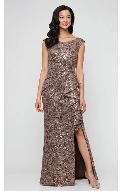 Alex Evenings 81122751 Long Ruffle Formal Lace Evening Dress In Brown