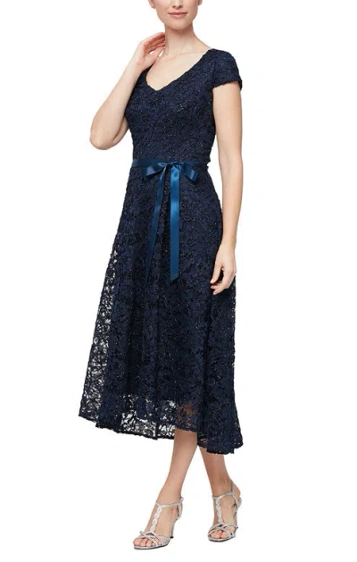 Alex Evenings 81171189 A Line Lace Cocktail Midi Dress In Blue