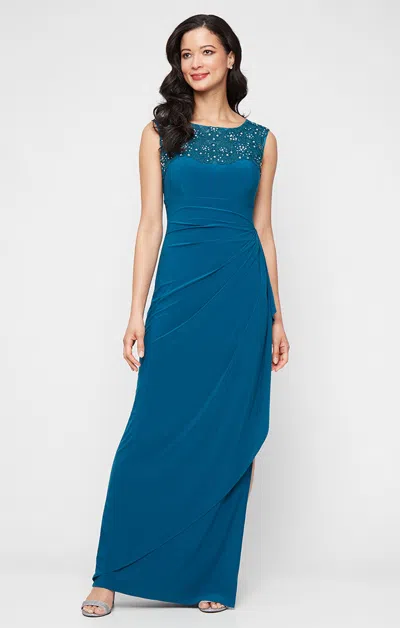 Alex Evenings 81351693 Pleated Long Formal Sequin Applique Evening Dress In Blue