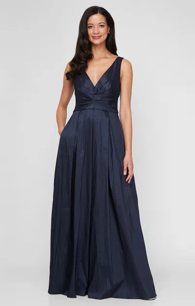 Alex Evenings 8166704 Pleated Long Formal Evening Dress In Blue