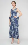 Alex Evenings 8175916 Tea Length Floral Print Formal Evening Dress In Blue