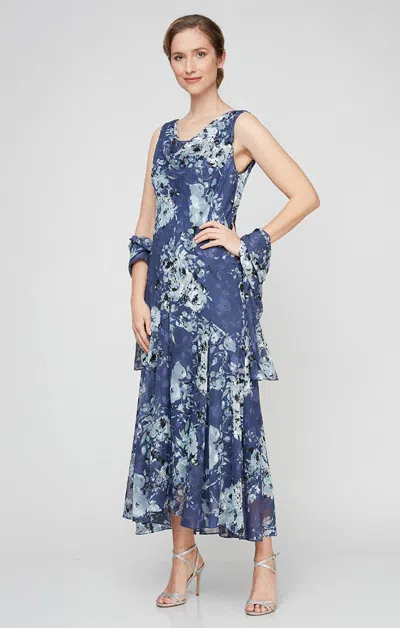 Alex Evenings 8175916 Tea Length Floral Print Formal Evening Dress In Blue
