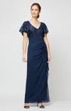 Alex Evenings Sequin Lace & Ruched Chiffon Gown In Blue