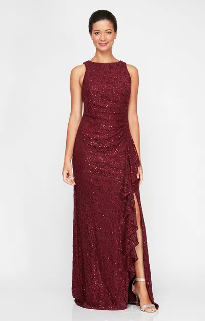 Alex Evenings 82122434 Long Formal Petite Ruffle Lace Evening Dress In Burgundy