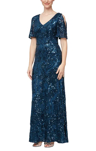 Alex Evenings 8296611 A Line Long Formal Petite Mother Of The Bride Sequin Dress In Blue