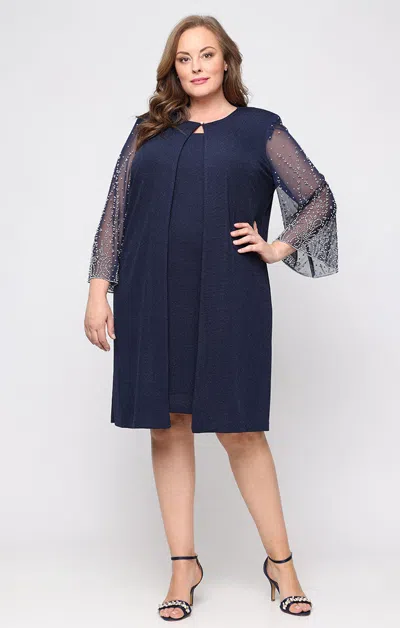 Alex Evenings 8427862 Short Cocktail Metallic Knee Length Plus Size Dress In Blue