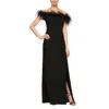 Alex Evenings Long Off-the-shoulder Gown With Maribou Detail In Black In Black