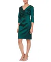 Alex Evenings Three-quarter Sleeve Taffeta Sheath Cocktail Dress In Emerald Green