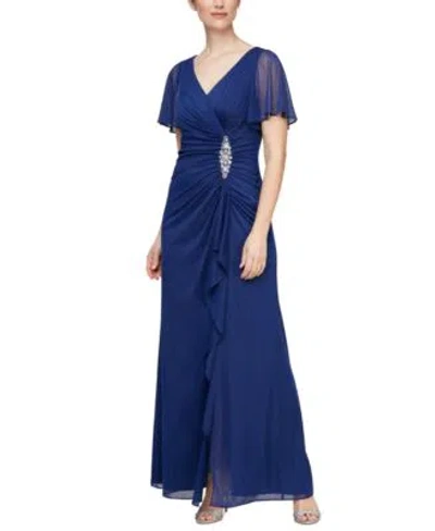 Alex Evenings Alex Evening Womens Embellished Flutter Sleeve Gown In Blue