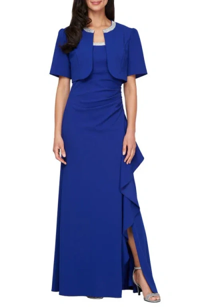 Alex Evenings Bead Detail Stretch Crepe Gown With Bolero Jacket In Royal