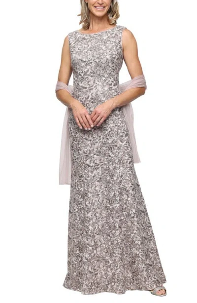 Alex Evenings Beaded Floral Gown With Shawl In Gray