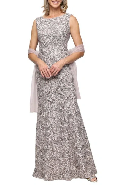 Alex Evenings Beaded Floral Gown With Shawl In Gray