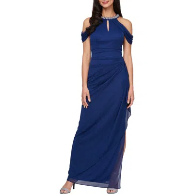 Alex Evenings Beaded Neck Cold Shoulder Mesh Sheath Gown