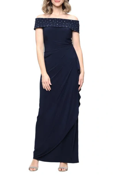 Alex Evenings Beaded Off The Shoulder Jersey Gown In Black
