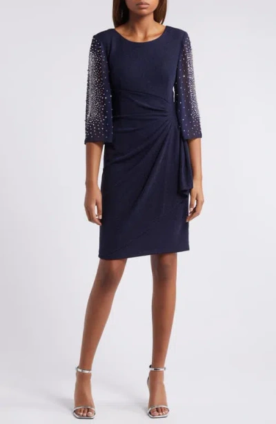 Alex Evenings Beaded Sheath Dress In Dark Navy