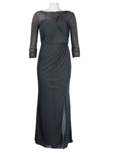Alex Evenings Beaded Sheer Sleeve Ruched Gown In Smoke In Black