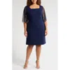 Alex Evenings Beaded Sleeve Stretch Crepe Cocktail Sheath Dress In Navy