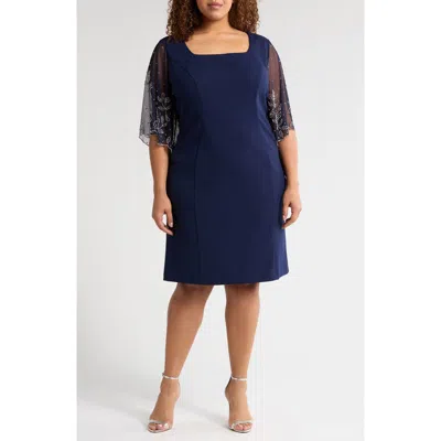 Alex Evenings Beaded Sleeve Stretch Crepe Cocktail Sheath Dress In Navy