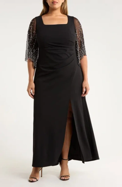 Alex Evenings Beaded Sleeve Stretch Crepe Gown In Black
