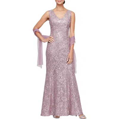 Alex Evenings Beaded Trumpet Gown With Shawl In Purple