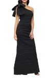 Alex Evenings Bow Detail One-shoulder Ruched Satin Gown In Black