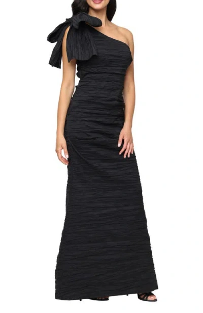 Alex Evenings Bow Detail One-shoulder Ruched Satin Gown In Black